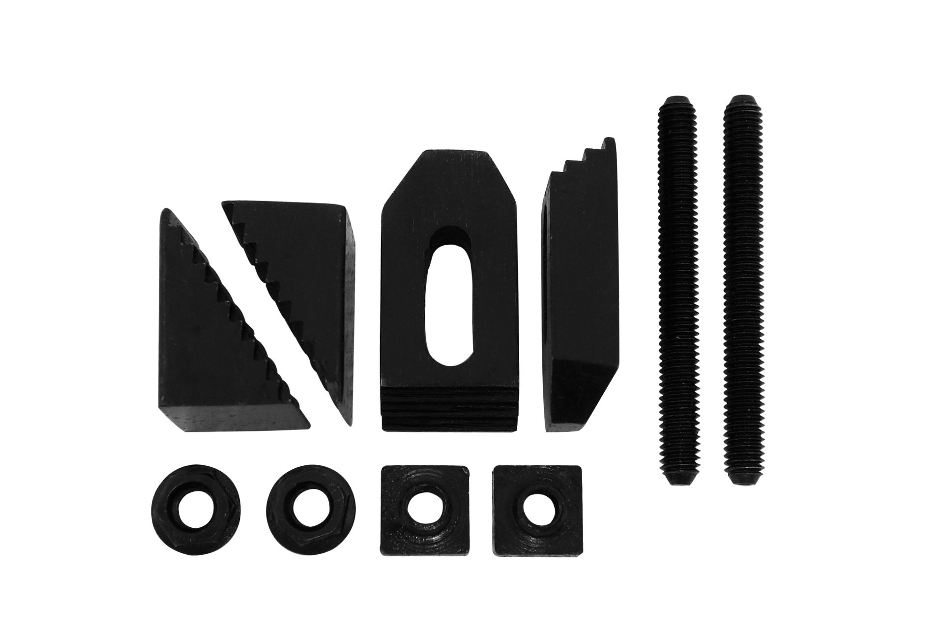 Black, 10-piece clamping claw set: flange nuts, T-nuts, step blocks, washers and threaded rods are on a white background.