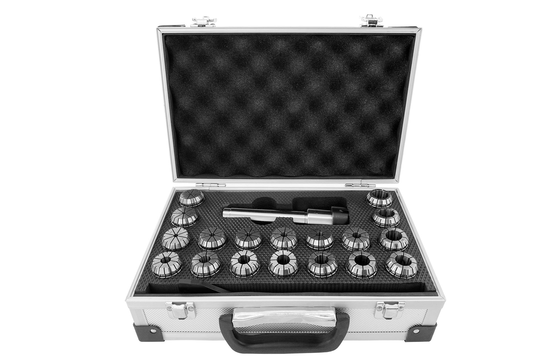 Offener Alukoffer mit 18 ER32 Spannzangen, einem MK4/M16 Spannzangenfutter und Hakenschlüssel in Schaumstoffeinlage.